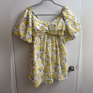 Trixxi Lemon Print Puff Sleeve Mini Dress neckline puffed sleeves. Large